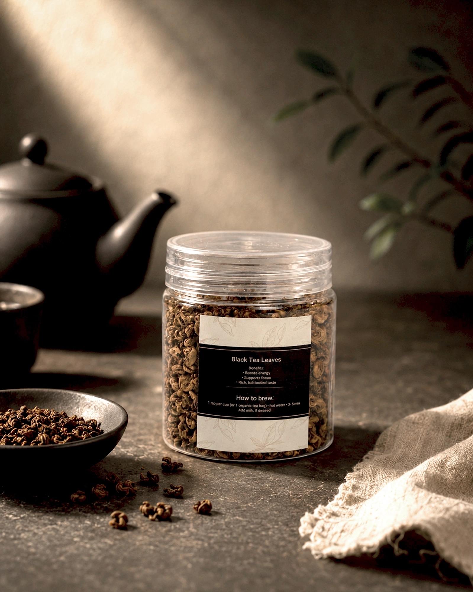 Jar of black tea leaves on a dark surface with a teapot and cloth in the background