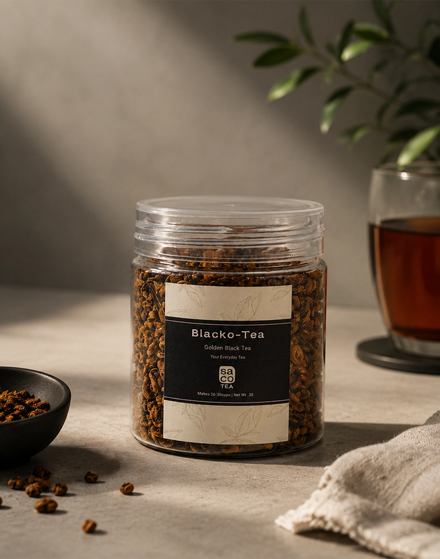 Jar of Blacko-Tea with a glass of tea in the background on a neutral surface.
