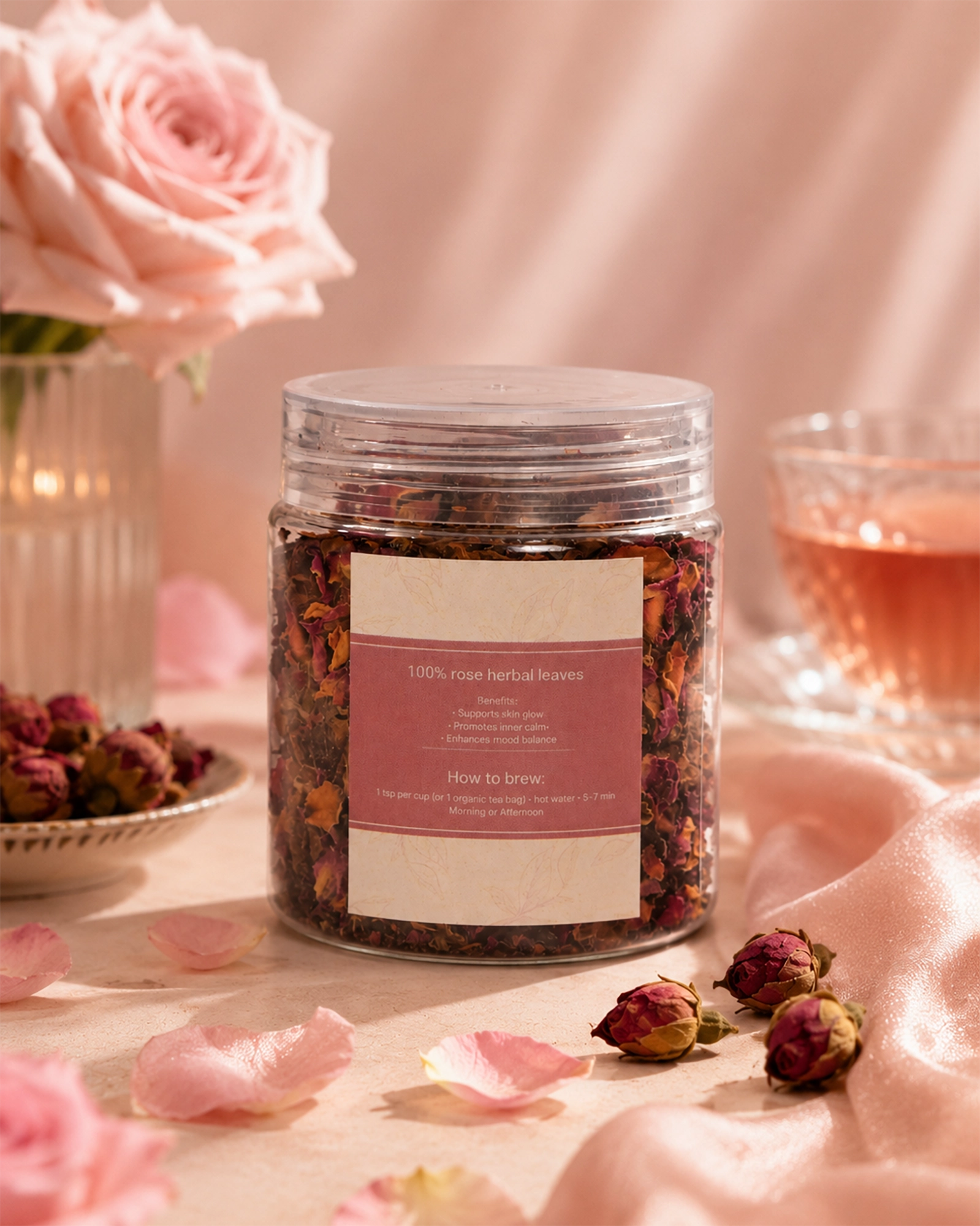 Jar of Rosie Tea with dried rose petals, pink roses, and a glass cup of tea on a soft pink background.