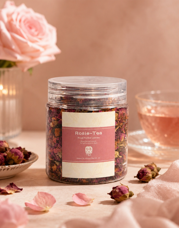 Jar of Rosie Tea with pink label beside rose petals, a cup of tea, and soft floral styling.