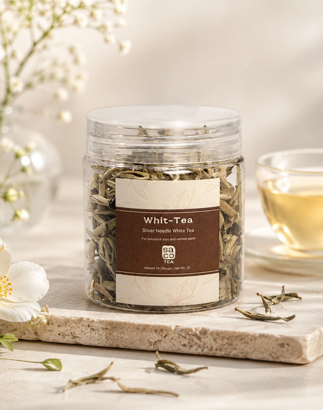 Jar of Whit-Tea with a glass of tea in the background on a light surface.