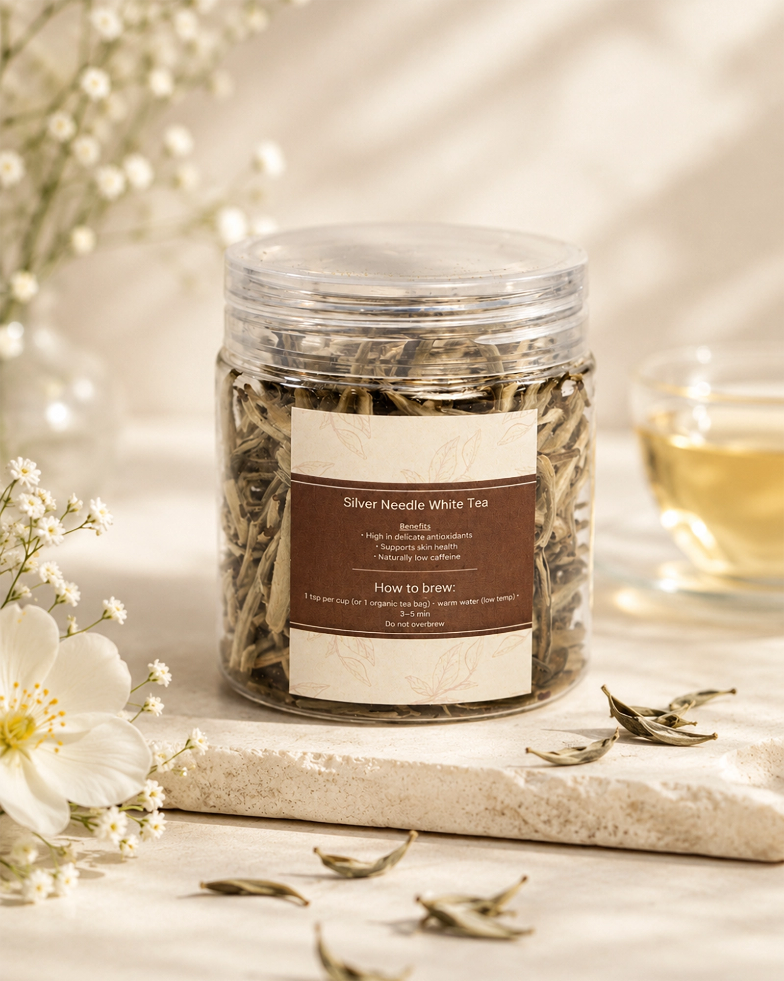 Jar of Silver Needle White Tea with loose tea leaves, white flowers, and a cup of tea on a soft neutral background
