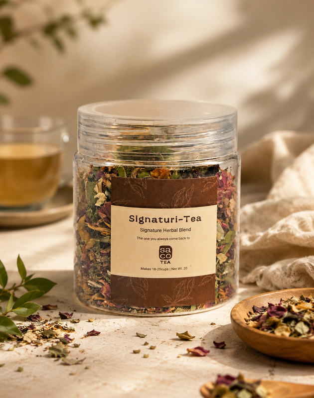 Jar of Signaturi-Tea with dried herbs on a table with a cup of tea and a wooden bowl.