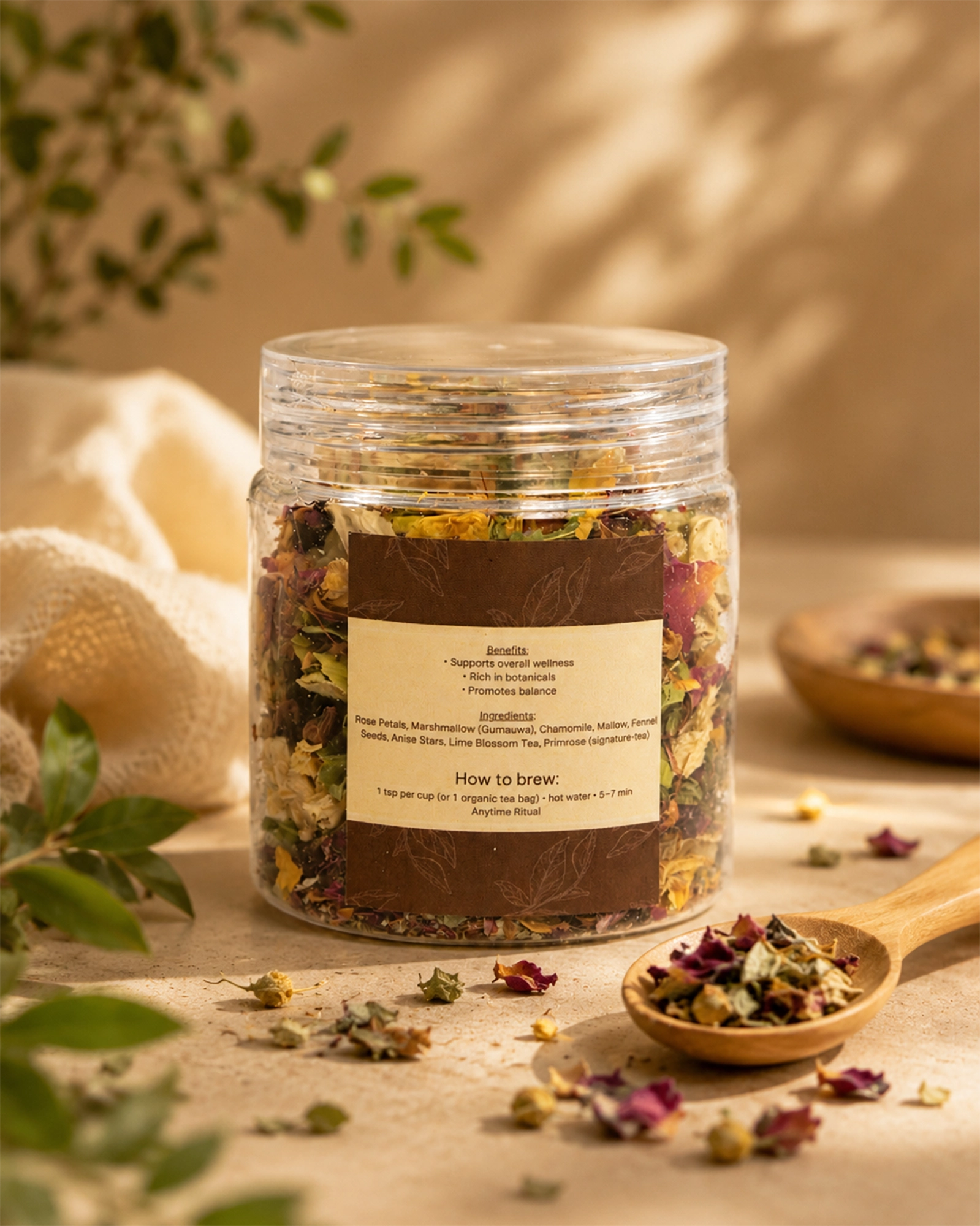 Saco Tea Signature herbal tea jar with dried flowers, loose herbs, and a wooden spoon on a warm beige surface.