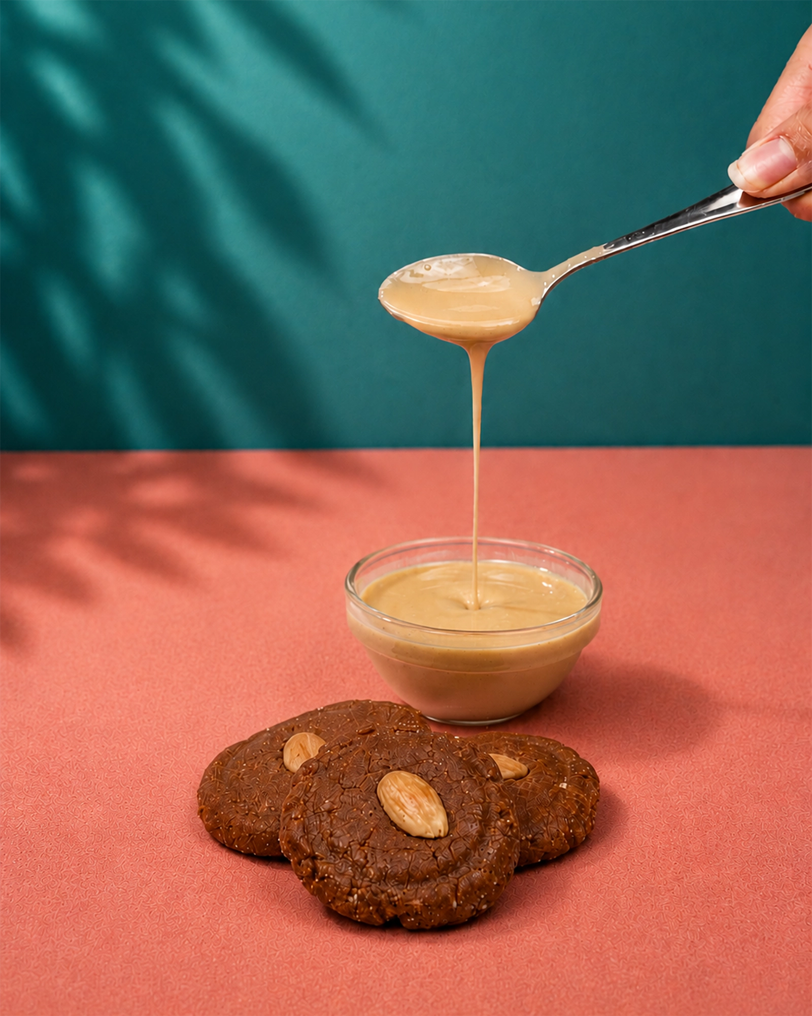 Creamy tahini sauce drizzling into a glass bowl with almond-topped cookies on a pink surface.
