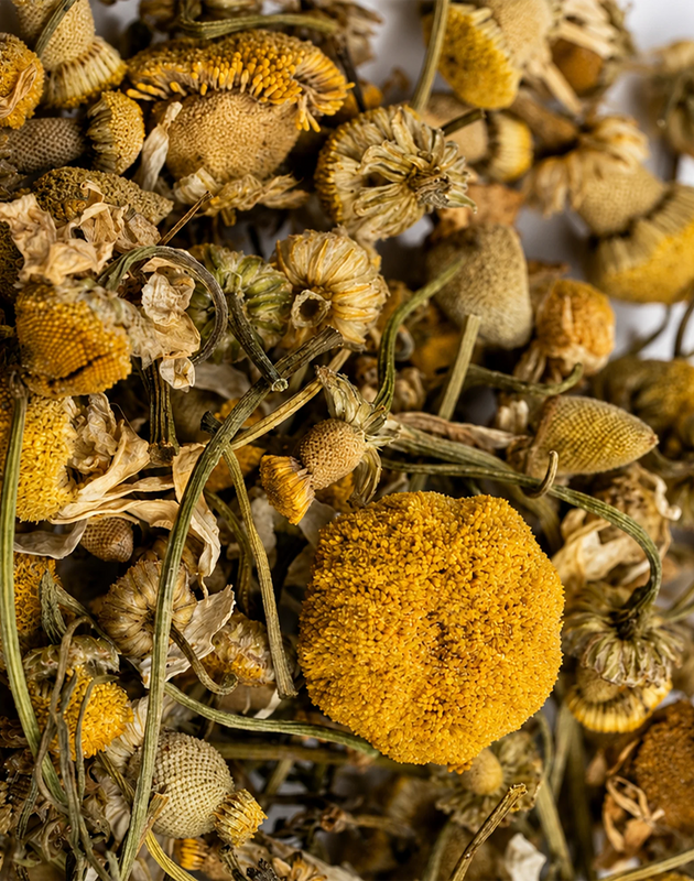 Jar of Calmo-Tea with a label on a wooden coaster with flowers and a cup in the background.