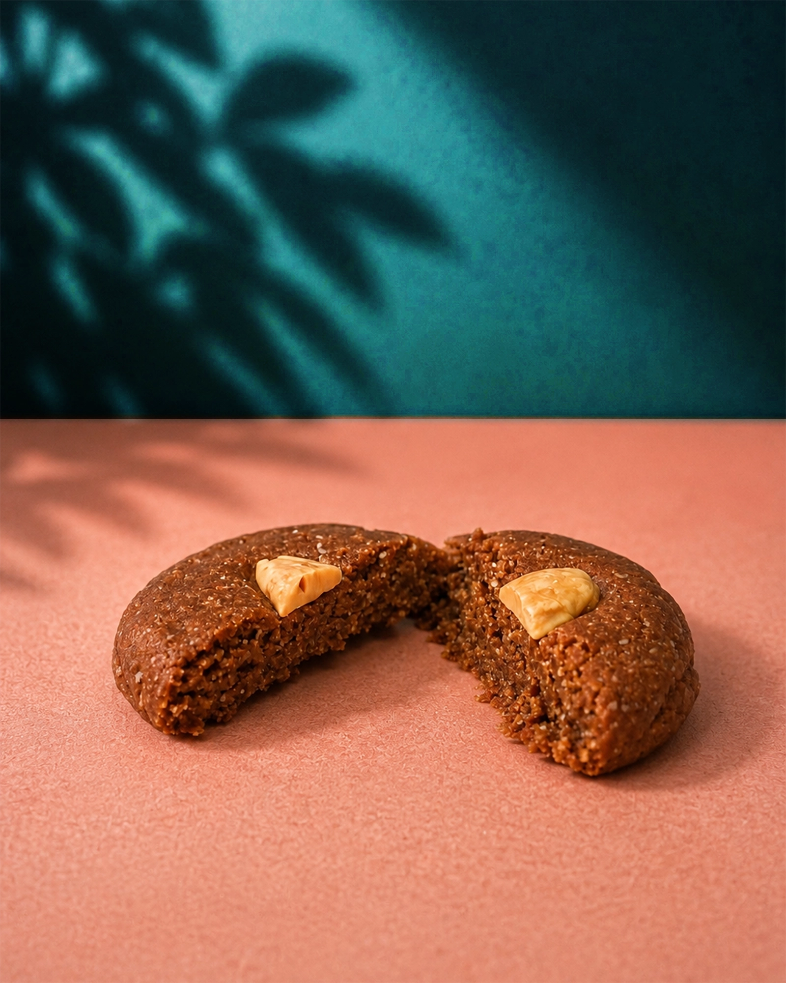 Broken almond-topped chewy tahini cookie on a pink surface with a teal background.