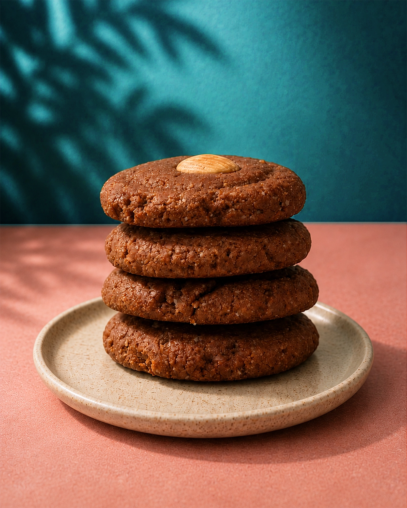 Stack of almond-topped chewy tahini cookies on a ceramic plate with a teal background.