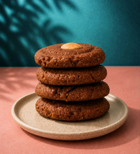 Stack of almond-topped chewy tahini cookies on a ceramic plate with a teal background.
