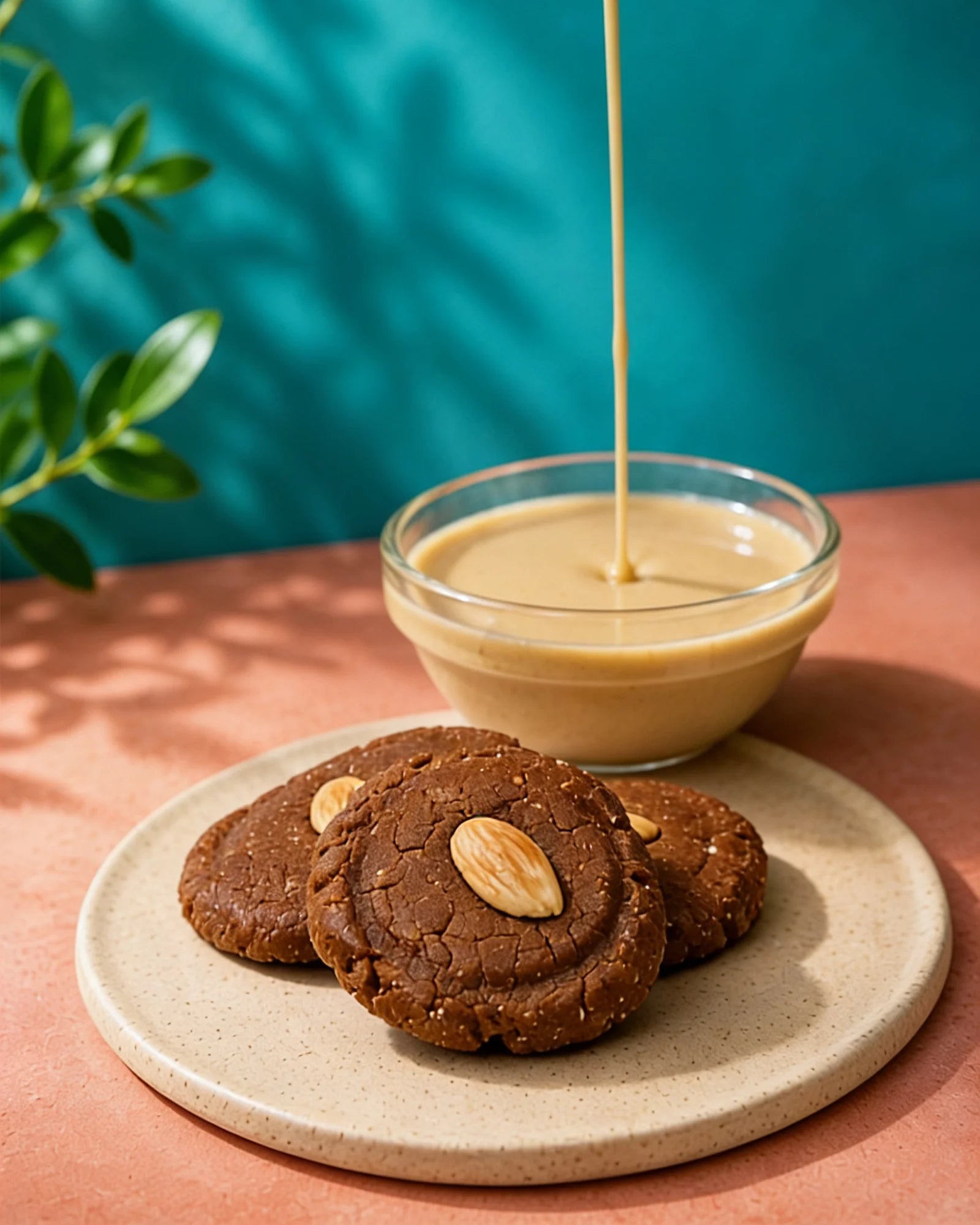Chewy tahini cookies with almonds on a ceramic plate beside a bowl of creamy tahini sauce.