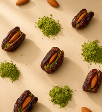 Dates with almonds and matcha on a beige background