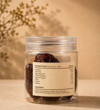 Back view of Saco Tea Blush Heart Dates jar showing the nutrition facts label on a beige surface.