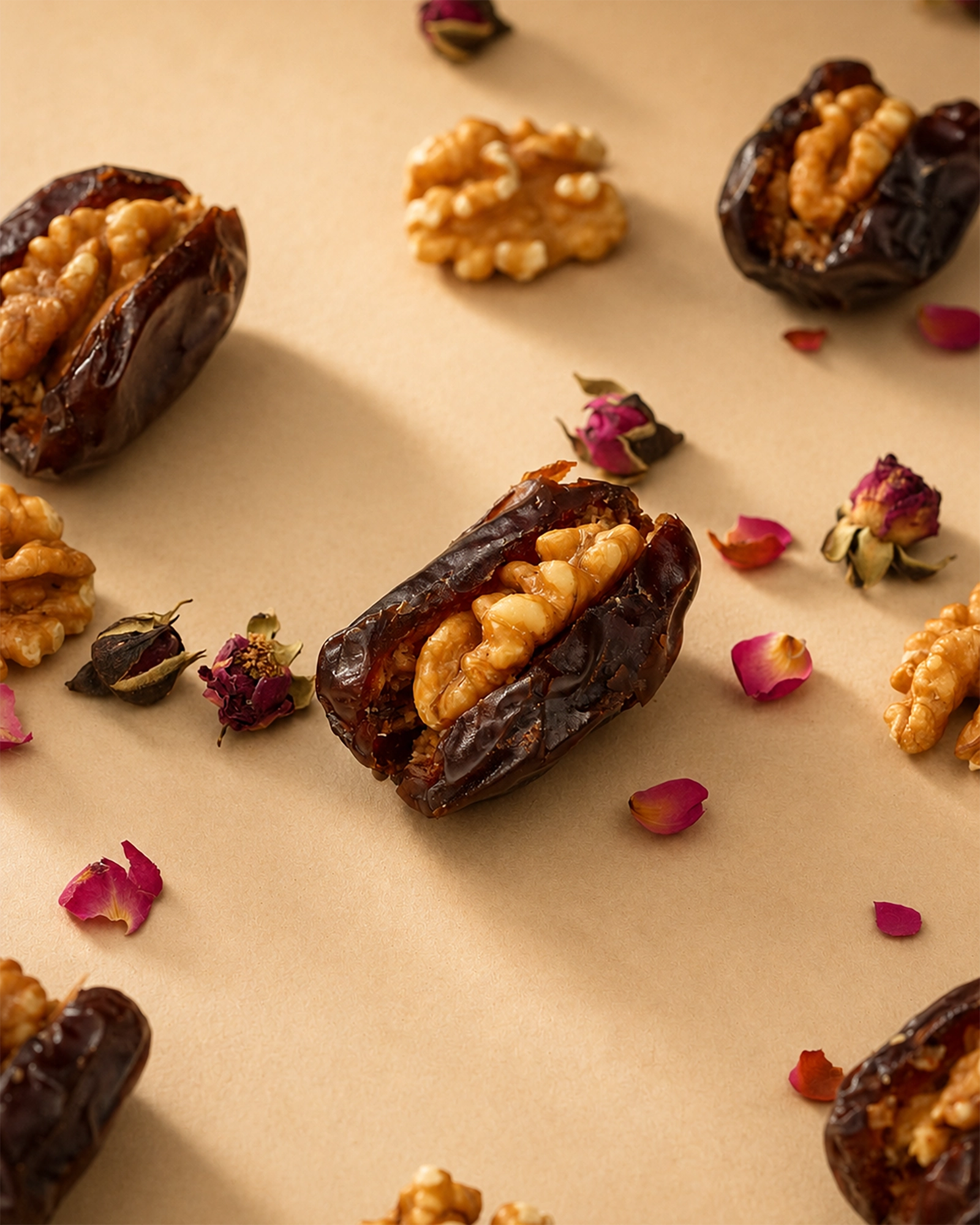 Blush Heart Dates stuffed with walnuts and scattered rose petals on a beige surface.