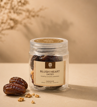 Saco Tea Blush Heart Dates jar with dates and crunchy toppings on a beige surface.