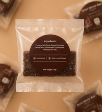 Back view of packaged Brüt Minis Bar chocolate showing the ingredients label on a beige background.