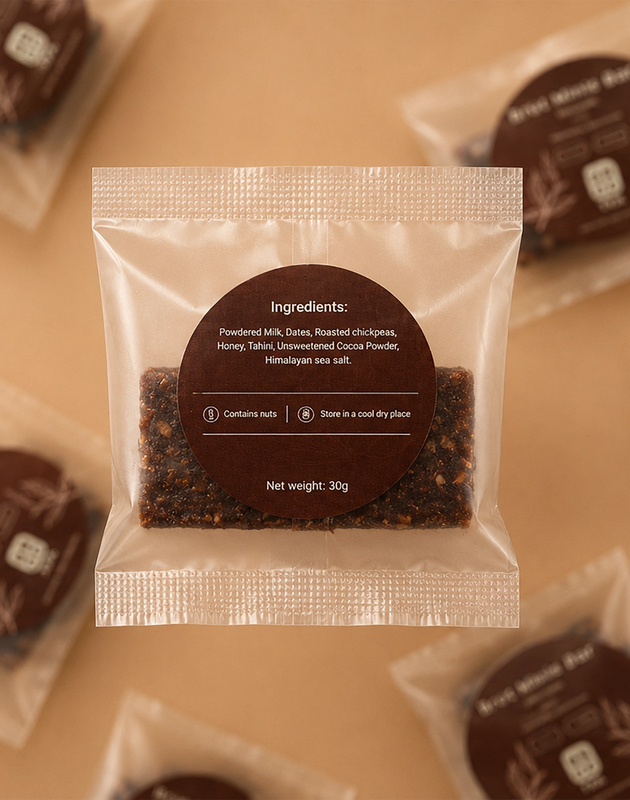 Packaged Brüt Minis Bar chocolate with brown label on a soft beige background.