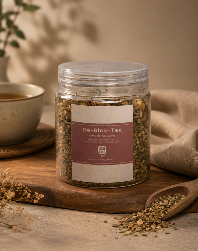 Jar of 'De-Bloa-Tea' with a label on a wooden surface next to a cup and spoon.