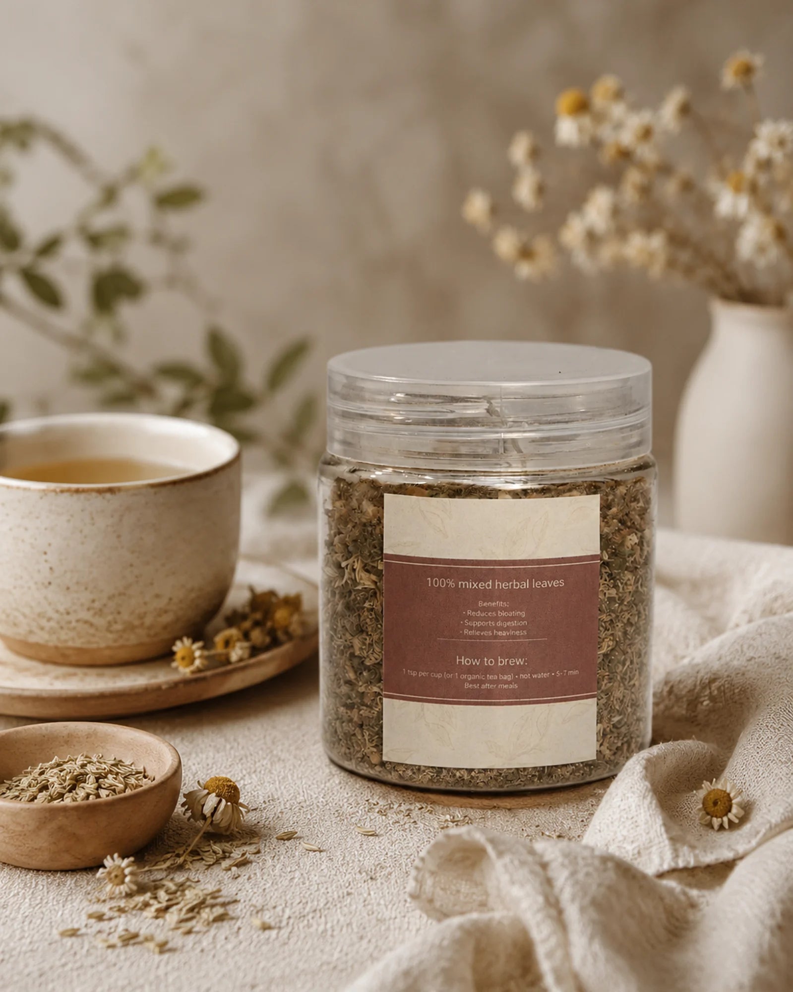 Jar of mixed herbal tea with a label, a ceramic cup, and dried herbs on a neutral background.