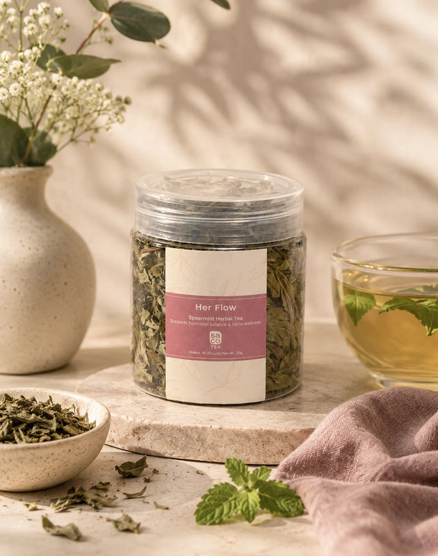 Saco Tea Her Flow herbal tea jar with brewed tea, loose herbs, mint, and soft floral styling on a neutral surface.