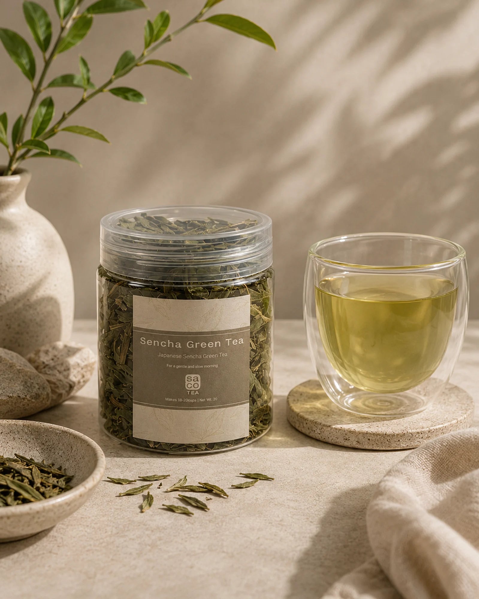 Sencha green tea jar, glass of tea, and tea leaves on a neutral background