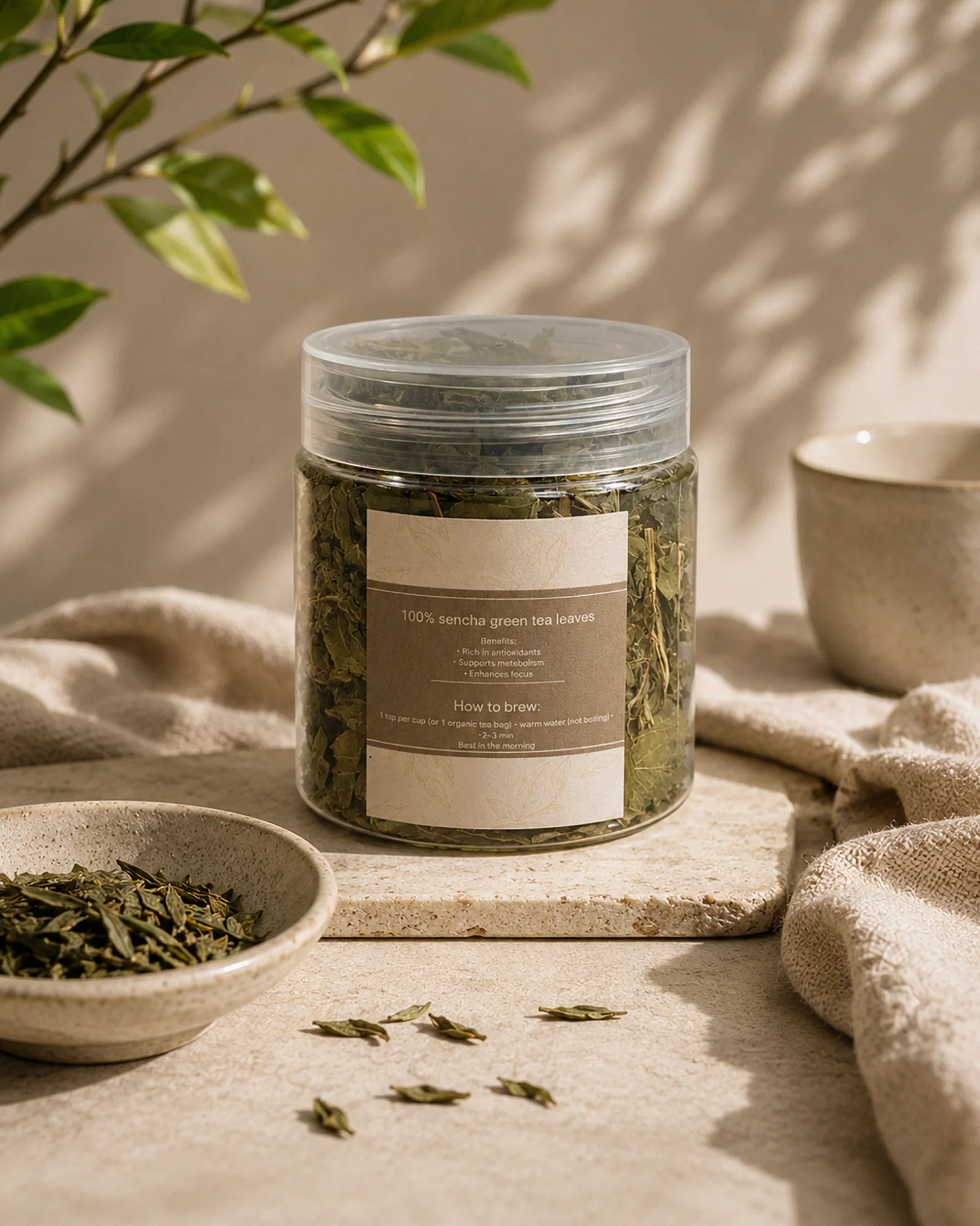 Jar of green sencha tea leaves on a stone tray with loose leaves and a small bowl in soft natural light.