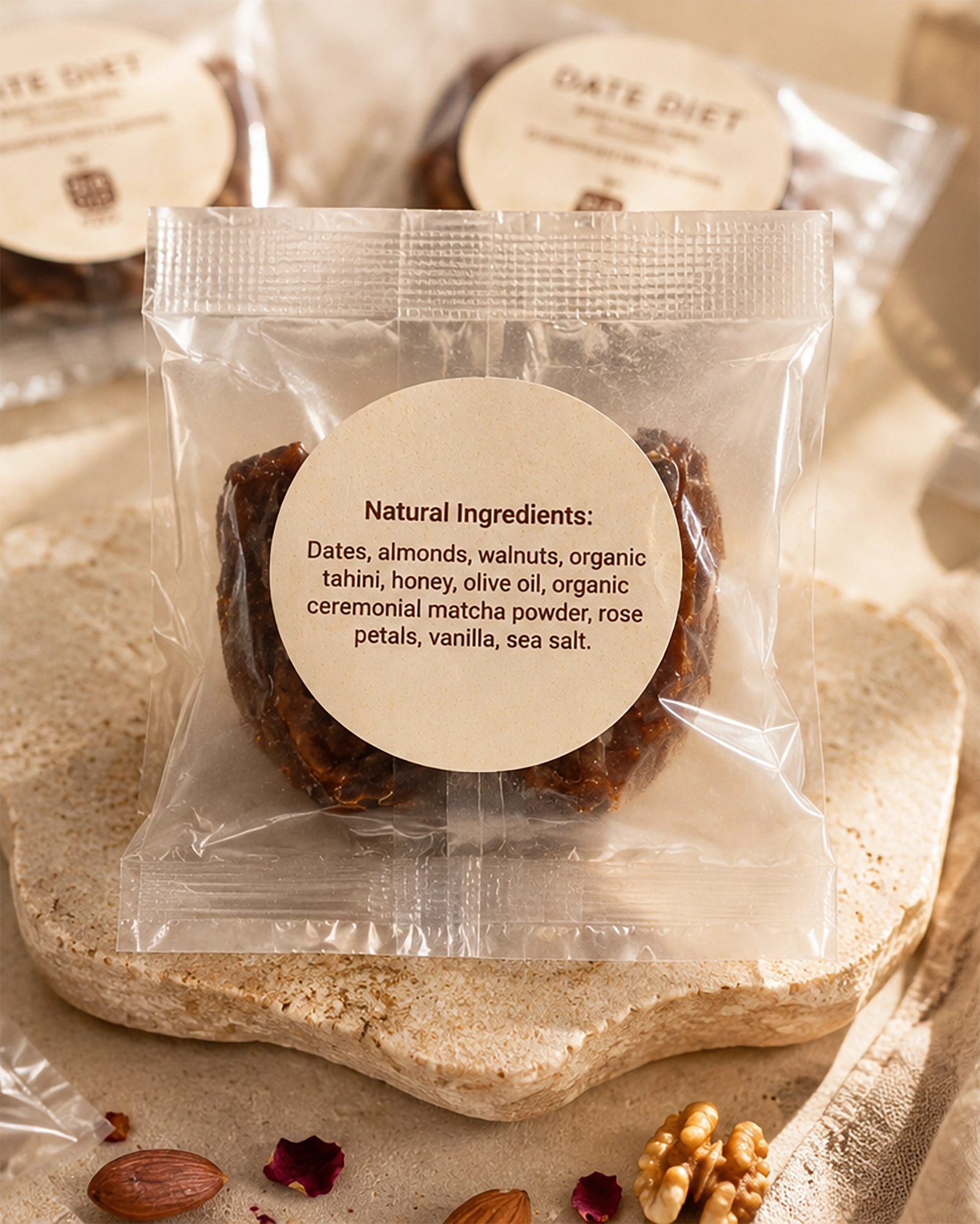 Date Duet stuffed dates in clear packaging with natural ingredients label on a textured stone plate.