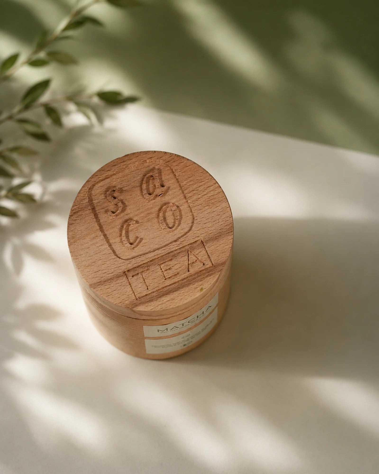 Saco Tea Japanese matcha wooden container on a light surface with soft greenery shadows.