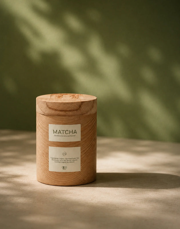 Wooden matcha container with a label on a wooden surface with a green leafy background