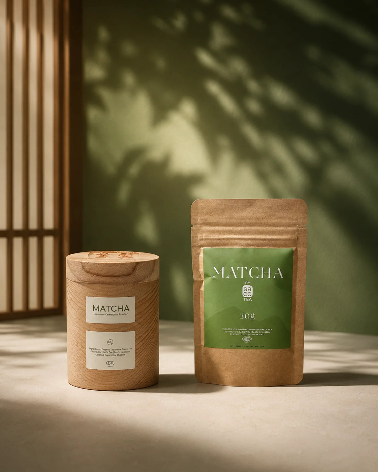 Saco Tea Japanese matcha powder pouch and wooden container on a light surface with soft greenery shadows.