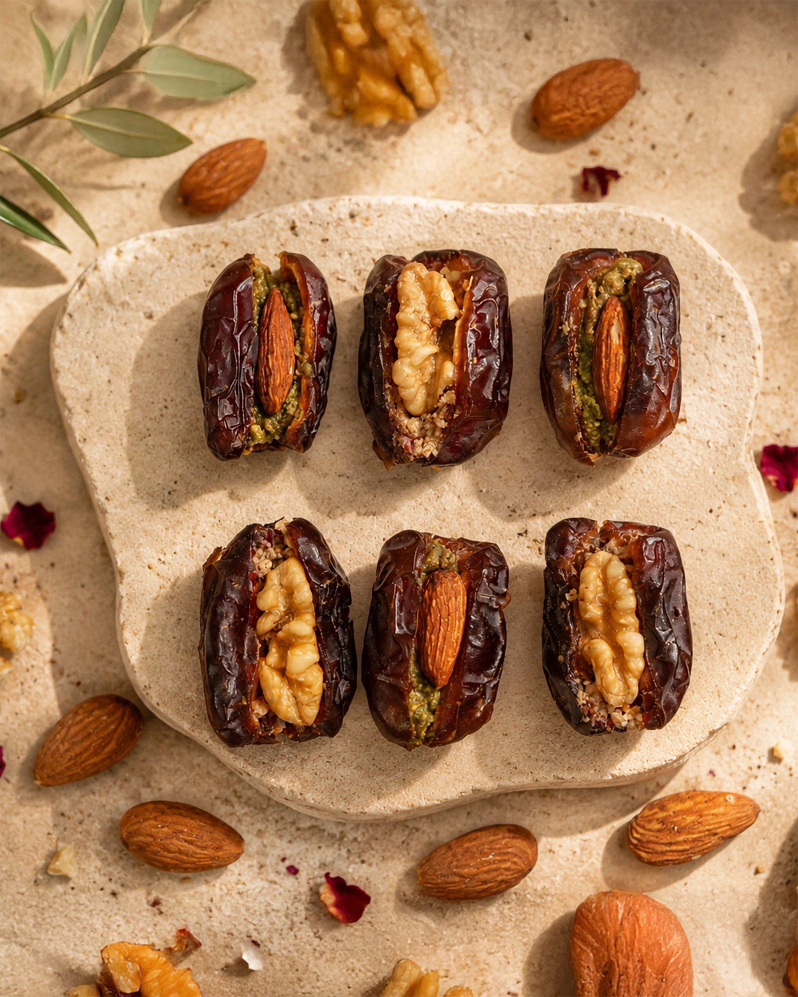 Date Duet stuffed dates with almonds and walnuts arranged on a textured stone plate.