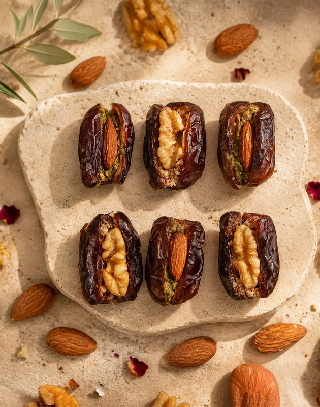 Packaged Date Duet bites with Saco Tea label on a stone surface